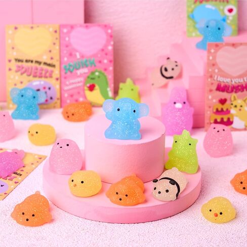 JOYIN 28 Packs Valentine's Day Gift Cards with Glitter Mochi Squishy Toys to Squeeze, Kawaii Stress Relief Fidget Toy for Kids Classroom Exchange Prizes, Valentine Party Favor in Saudi Arabia