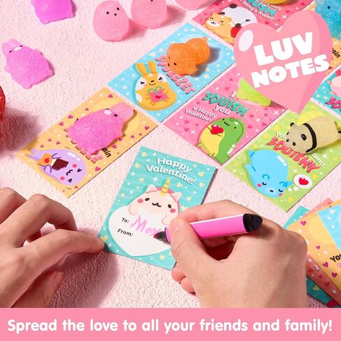JOYIN 28 Packs Valentine's Day Gift Cards with Glitter Mochi Squishy Toys to Squeeze, Kawaii Stress Relief Fidget Toy for Kids Classroom Exchange Prizes, Valentine Party Favor in Saudi Arabia