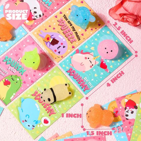 JOYIN 28 Packs Valentine's Day Gift Cards with Glitter Mochi Squishy Toys to Squeeze, Kawaii Stress Relief Fidget Toy for Kids Classroom Exchange Prizes, Valentine Party Favor in Saudi Arabia
