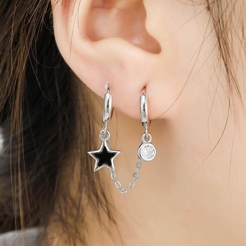 أقراط مزدوجة ثقب للنساء/Huggie Cuff Chain Star Pendant للنساء/الفتيات في سن المراهقة أقراط أقراط مزدوجة الثقوب تتدلى (النمط -01) in Saudi Arabia