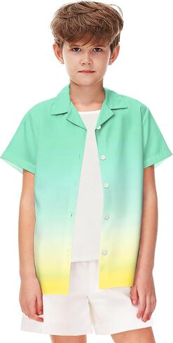 Aobute Usisex Kids Hawaiian Shirt قصيرة الأكمام كوبان طوق الصيف الشاطئ غير الرسمي زر القمصان 5-14 سنة in Kuwait