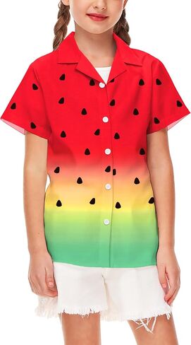Aobute Usisex Kids Hawaiian Shirt قصيرة الأكمام كوبان طوق الصيف الشاطئ غير الرسمي زر القمصان 5-14 سنة in Kuwait