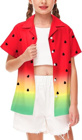 Aobute Usisex Kids Hawaiian Shirt قصيرة الأكمام كوبان طوق الصيف الشاطئ غير الرسمي زر القمصان 5-14 سنة in Kuwait