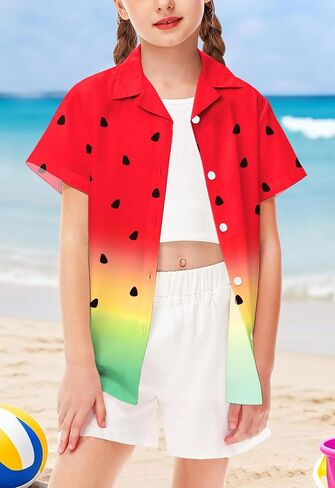 Aobute Usisex Kids Hawaiian Shirt قصيرة الأكمام كوبان طوق الصيف الشاطئ غير الرسمي زر القمصان 5-14 سنة in Kuwait
