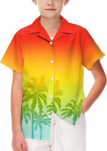 Aobute Usisex Kids Hawaiian Shirt قصيرة الأكمام كوبان طوق الصيف الشاطئ غير الرسمي زر القمصان 5-14 سنة in Kuwait