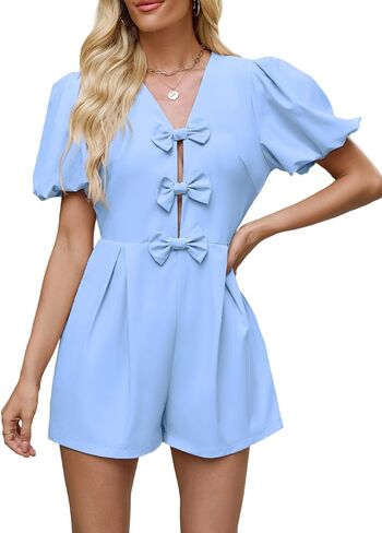 Women's Cute Rompers Summer Casual Short Puff Sleeve Bow Front Short Jumpsuits Sexy V Neck Outfits in Saudi Arabia
