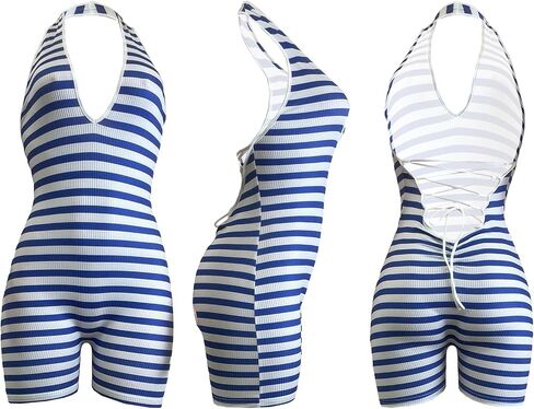 Womens Summer Halter Short Rompers Sexy Bodycon Striped Sleeveless Backless Tie up One Piece Jumpsuits Club Outfit in Saudi Arabia