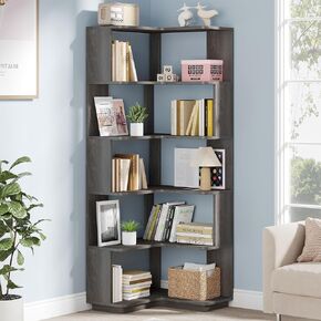 Tribesigns 6 Tier Corner Bookshelf, 64.9 Inches Tall Industrial L Shaped Bookcase with Anti-Drop Panel, Freestanding Wood Grain Shelf Display Rack Storage Organizer for Home Office in Saudi Arabia