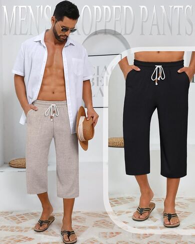 Neer 2 Pack Men's Linen Capri Pants, Lightweight Baggy 3/4 Shorts Drawstring Elastic Waist Beach Yoga Pants with Pockets in Saudi Arabia