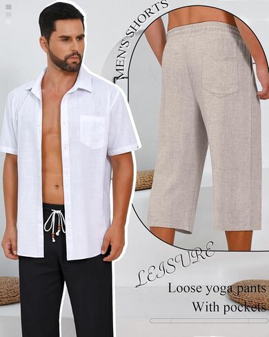 Neer 2 Pack Men's Linen Capri Pants, Lightweight Baggy 3/4 Shorts Drawstring Elastic Waist Beach Yoga Pants with Pockets in Saudi Arabia