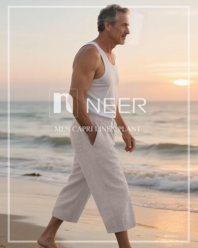 Neer 2 Pack Men's Linen Capri Pants, Lightweight Baggy 3/4 Shorts Drawstring Elastic Waist Beach Yoga Pants with Pockets in Saudi Arabia
