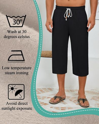 Neer 2 Pack Men's Linen Capri Pants, Lightweight Baggy 3/4 Shorts Drawstring Elastic Waist Beach Yoga Pants with Pockets in Saudi Arabia