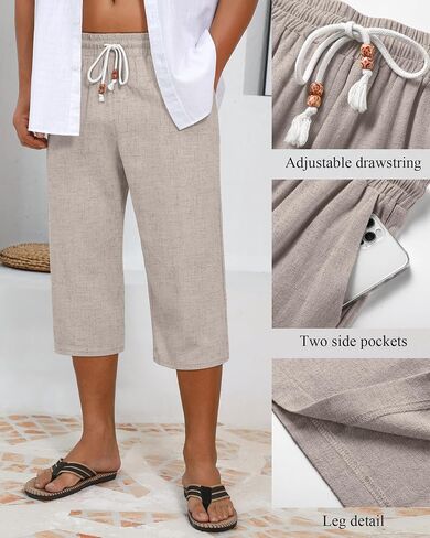 Neer 2 Pack Men's Linen Capri Pants, Lightweight Baggy 3/4 Shorts Drawstring Elastic Waist Beach Yoga Pants with Pockets in Saudi Arabia
