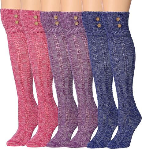 Tipi Toe Women's 3-Pairs Winter Warm Knee High/Over The Knee With Buttons Cotton-Blend Boot Socks in Saudi Arabia