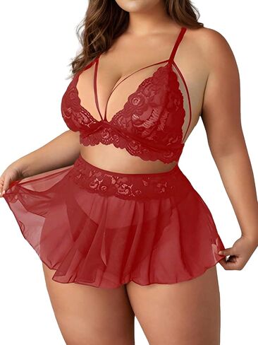 JuicyRose Plus Size 3-Piece Lingerie Babydoll for Women Lace Chemise Sleepwear in Kuwait