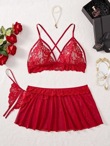 JuicyRose Plus Size 3-Piece Lingerie Babydoll for Women Lace Chemise Sleepwear in Kuwait