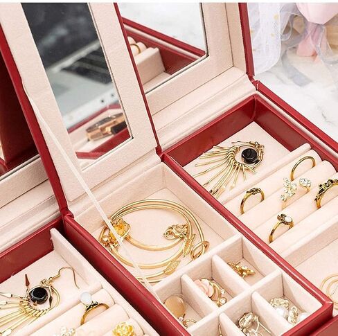 Jewelry Storage Box Gift for Women Leather Jewellery Box Portable Single Layer Red White Jewelry Organiser Necklace Ring Earrings Storage Case for Birthday New Year Presents in Saudi Arabia