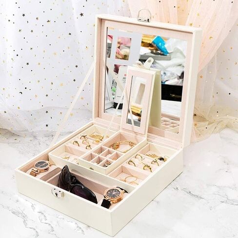 Jewelry Storage Box Gift for Women Leather Jewellery Box Portable Single Layer Red White Jewelry Organiser Necklace Ring Earrings Storage Case for Birthday New Year Presents in Saudi Arabia