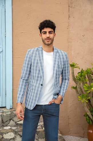 Mens Casual Checkered Suit Blazer Jacket Slim Fit 1 Button Plaid Lightweight Sport Coats in Saudi Arabia