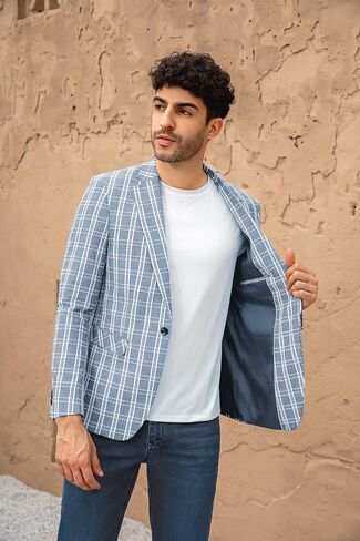 Mens Casual Checkered Suit Blazer Jacket Slim Fit 1 Button Plaid Lightweight Sport Coats in Saudi Arabia