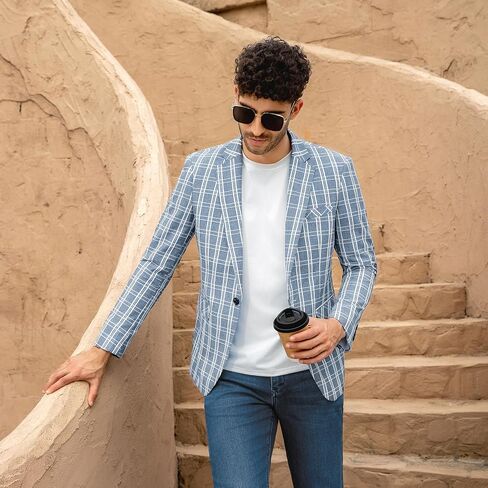 Mens Casual Checkered Suit Blazer Jacket Slim Fit 1 Button Plaid Lightweight Sport Coats in Saudi Arabia