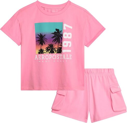 مجموعة شورتات Aeropostale Girls - 2 قطعة جيرسي الرسوم البيانية ، شورت الصوف ، شحنات سكوتر سكوت - الزي الصيفي للبنات (7-12) in Saudi Arabia