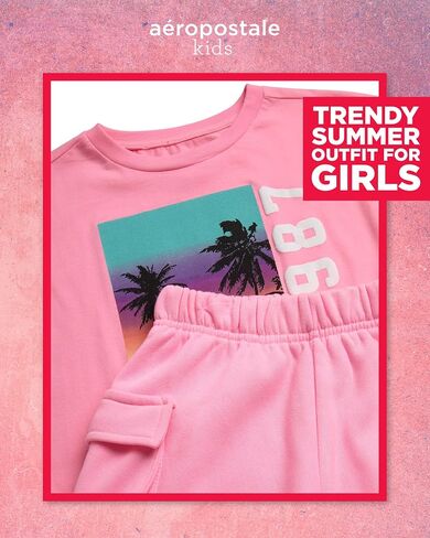 مجموعة شورتات Aeropostale Girls - 2 قطعة جيرسي الرسوم البيانية ، شورت الصوف ، شحنات سكوتر سكوت - الزي الصيفي للبنات (7-12) in Saudi Arabia