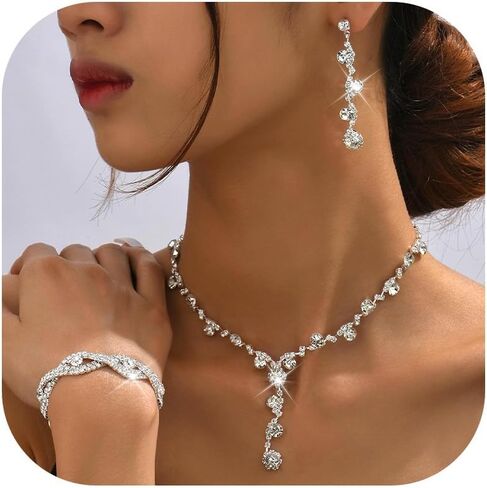Dcfywl731 Red Wedding Jewelry Sets for Brides Bridesmaid Silver Jewelry Sets Sparkly Rhinestone Crystal Necklace and Earrings Set Prom Wedding Guest Dresses for Women in Saudi Arabia