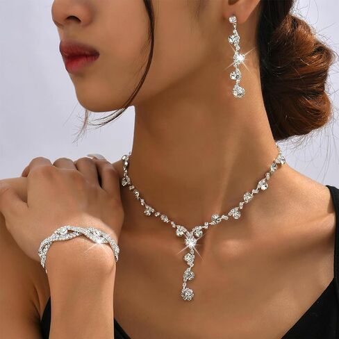 Dcfywl731 Red Wedding Jewelry Sets for Brides Bridesmaid Silver Jewelry Sets Sparkly Rhinestone Crystal Necklace and Earrings Set Prom Wedding Guest Dresses for Women in Saudi Arabia
