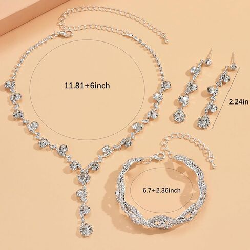 Dcfywl731 Red Wedding Jewelry Sets for Brides Bridesmaid Silver Jewelry Sets Sparkly Rhinestone Crystal Necklace and Earrings Set Prom Wedding Guest Dresses for Women in Saudi Arabia