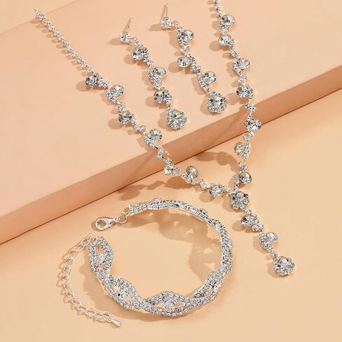 Dcfywl731 Red Wedding Jewelry Sets for Brides Bridesmaid Silver Jewelry Sets Sparkly Rhinestone Crystal Necklace and Earrings Set Prom Wedding Guest Dresses for Women in Saudi Arabia