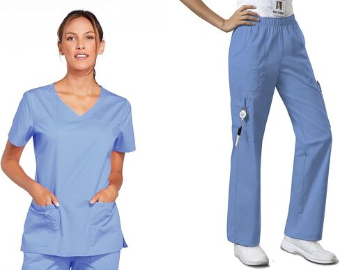 مجموعة شيروكي فرك للنساء من خلالنا الكلاسيكية الحديثة Fit V-Neck Top 4727 و Mid Rise Pull-On Cargo Pant 4005 ، Ciel- S Top/S Pant in Saudi Arabia