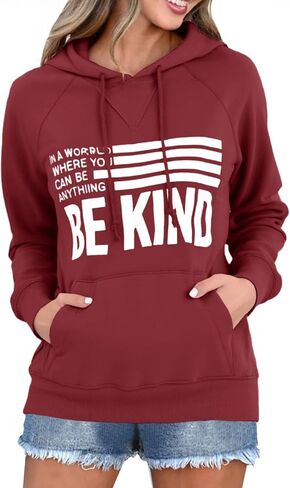 Fisoew Womens Graphic Casual Hoodies Be Kind Fall Long Sleeve Hooded Sweatshirt with Pocket in Saudi Arabia