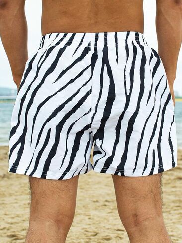 WDIRARA Men's Zebra Stripe Drawstring Waist Swim Trunks Beach Shorts Sports Running Bathing Suits with Mesh Lining in Saudi Arabia