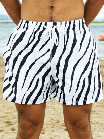WDIRARA Men's Zebra Stripe Drawstring Waist Swim Trunks Beach Shorts Sports Running Bathing Suits with Mesh Lining in Saudi Arabia