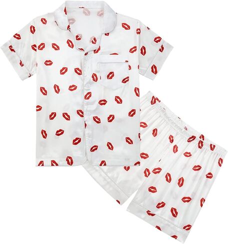 الصيف 𝐏ajamas للبنات ، حرير الصغار الصغار 𝐏js مجموعة زر 𝐍ightwear 2 pcs للأولاد أطفال قصيرة الأكمام sl𝐞epwear in Kuwait