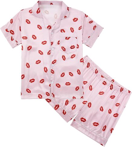 الصيف 𝐏ajamas للبنات ، حرير الصغار الصغار 𝐏js مجموعة زر 𝐍ightwear 2 pcs للأولاد أطفال قصيرة الأكمام sl𝐞epwear in Kuwait
