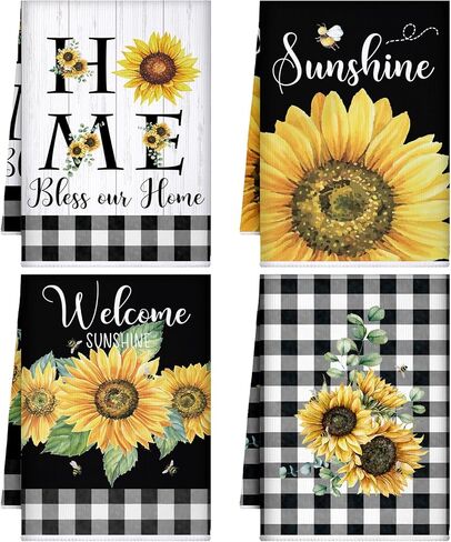 Bencailor 4 قطع عباد الشمس الربيع مناشف المطبخ الصيف الشاطئ عيد الأم البقرة الماشية الليمون الأزهار القط المطبخ طبق المناشف التجفيف السريع ديكور المطبخ للطبخ، 16 × 24 بوصة (أصفر، عباد الشمس) in Kuwait