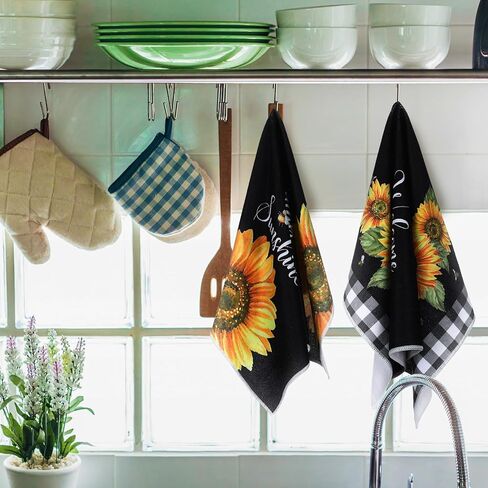 Bencailor 4 قطع عباد الشمس الربيع مناشف المطبخ الصيف الشاطئ عيد الأم البقرة الماشية الليمون الأزهار القط المطبخ طبق المناشف التجفيف السريع ديكور المطبخ للطبخ، 16 × 24 بوصة (أصفر، عباد الشمس) in Kuwait