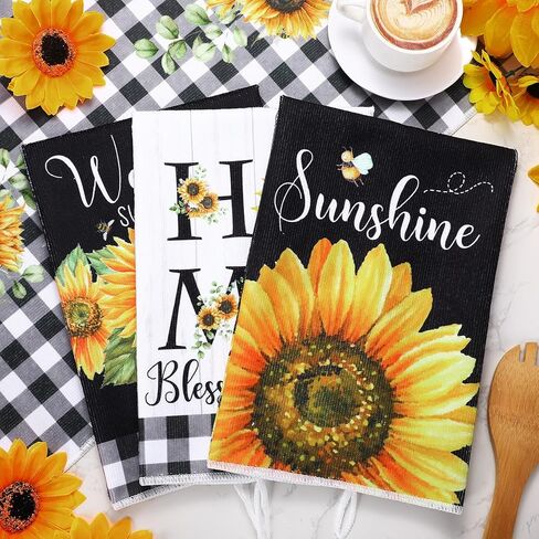 Bencailor 4 قطع عباد الشمس الربيع مناشف المطبخ الصيف الشاطئ عيد الأم البقرة الماشية الليمون الأزهار القط المطبخ طبق المناشف التجفيف السريع ديكور المطبخ للطبخ، 16 × 24 بوصة (أصفر، عباد الشمس) in Kuwait