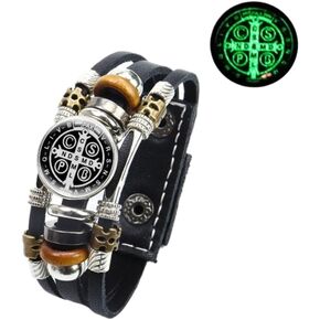 925 سوار San Benito Silver Sterling للرجال - أساور St Benedict المضيئة الجلود الكاثوليكية San Benito Snap Button Butting Multilayer Wristband ، Rosario de San Benito ، Pulseras de San Benito in Kuwait