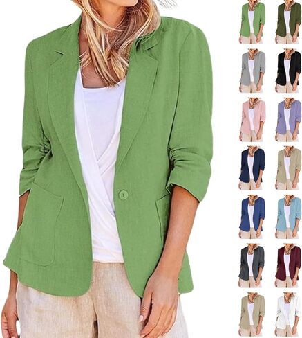 Linen Blazer Women Summer Lightweight Button 3/4 Sleeve Blazers for Women Business Casual Suit Jacket with Pockets in Saudi Arabia
