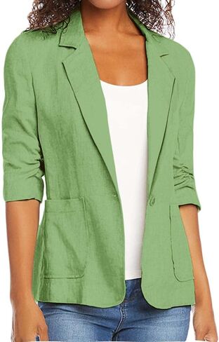 Linen Blazer Women Summer Lightweight Button 3/4 Sleeve Blazers for Women Business Casual Suit Jacket with Pockets in Saudi Arabia