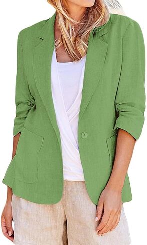 Linen Blazer Women Summer Lightweight Button 3/4 Sleeve Blazers for Women Business Casual Suit Jacket with Pockets in Saudi Arabia