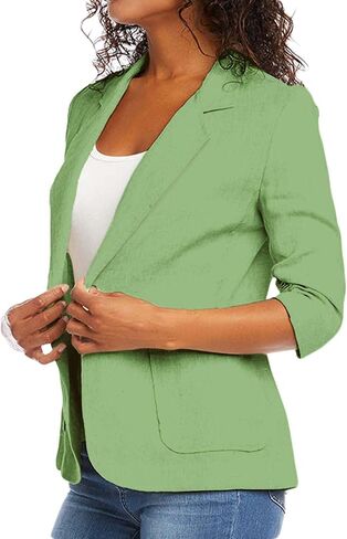Linen Blazer Women Summer Lightweight Button 3/4 Sleeve Blazers for Women Business Casual Suit Jacket with Pockets in Saudi Arabia