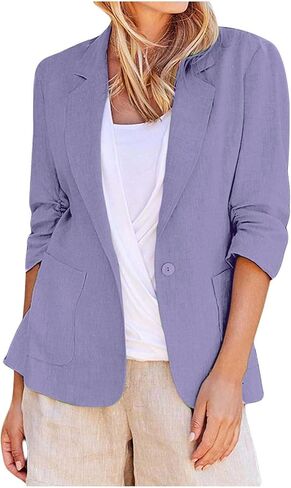 Linen Blazer Women Summer Lightweight Button 3/4 Sleeve Blazers for Women Business Casual Suit Jacket with Pockets in Saudi Arabia