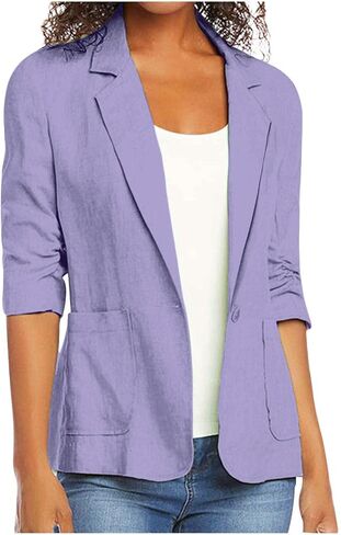 Linen Blazer Women Summer Lightweight Button 3/4 Sleeve Blazers for Women Business Casual Suit Jacket with Pockets in Saudi Arabia