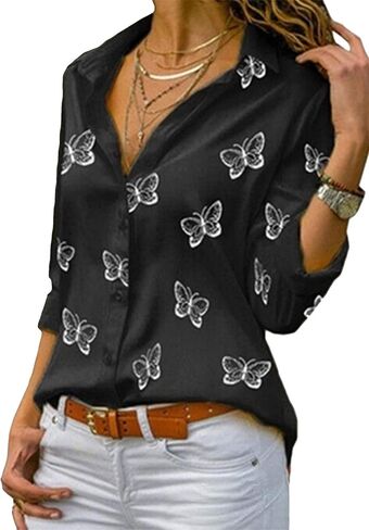 BOFETA Women's Casual Button Up Chiffon Blouses Fashion Butterfly Lapel Blouses in Kuwait