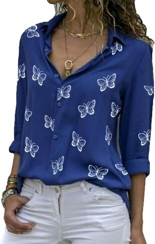 BOFETA Women's Casual Button Up Chiffon Blouses Fashion Butterfly Lapel Blouses in Kuwait