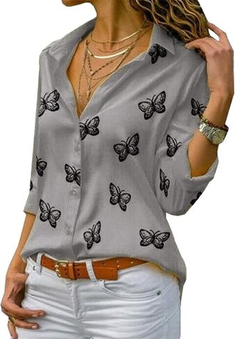 BOFETA Women's Casual Button Up Chiffon Blouses Fashion Butterfly Lapel Blouses in Kuwait